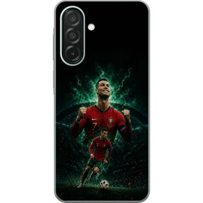 Kompatibel Mobilcover til Samsung Galaxy A26 Cristiano Ronaldo i portugisisk fodboldmotiv med rød trøje, fodbold og dramatisk grøn baggrund