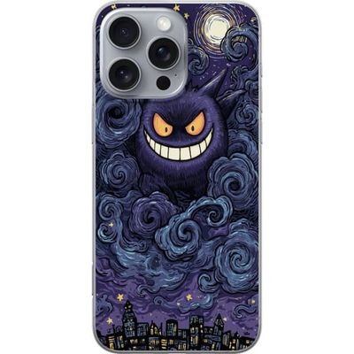 Kompatibelt Mobildeksel til Apple iPhone 16 Pro Max Pokémon Gengar illustrasjon - Mørkt motiv med stjernehimmel og bykunst
