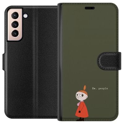 Kompatibelt Lommeboketui til Samsung Galaxy S21 Illustrert motiv med Lille My i oransje kjole, humoristisk sitat og dempet grønn bakgrunn