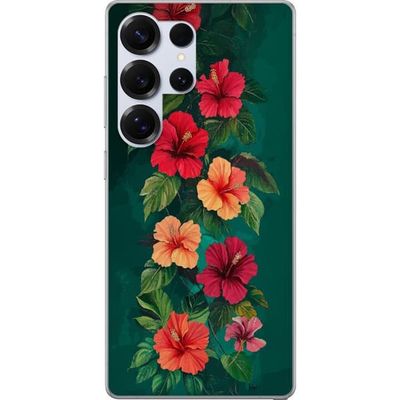 Kompatibelt Mobildeksel til Samsung Galaxy S26 Ultra Tropisk blomstermotiv med røde og oransje hibiskusblomster, grønne blader og mørkegrønn bakgrunn
