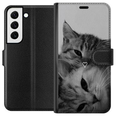 Kompatibelt Lommeboketui til Samsung Galaxy S22 5G Svart-hvit kattillustrasjon med to katter og hjertesymbol, romantiskt og koselig dyremotiv.