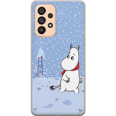 Kompatibelt Mobilskal till Samsung Galaxy A53 5G Figur står i stilla vinterlandskap med snöfall blå toner och måne som skapar lugn harmoni och mjuk v