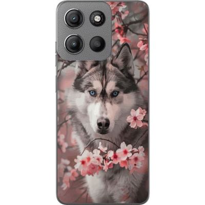 Kompatibelt Mobildeksel til Motorola Moto G15 Power Sibirsk Husky plakat hund blå øyne kirsebærblomster ulv natur dyr blomster søt retro design