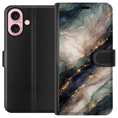 Kompatibelt Lommeboketui til Apple iPhone 16 Luksuriøst marmormønster med dypblå, gråhvite og grønne felt bundet sammen av gullfargede detaljer