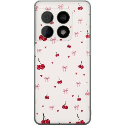 Kompatibelt Mobildeksel til OnePlus 10 Pro Dekorativt motiv med kirsebær, rosa rosetter og røde hjerter spredt over en myk, lys bakgrunn