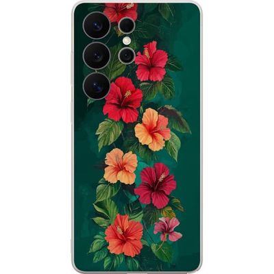 Kompatibel Mobilcover til Samsung Galaxy S26 Ultra Tropisk blomstermønster med røde og orange hibiscus blomster, grønne blade og mørkegrøn baggrund