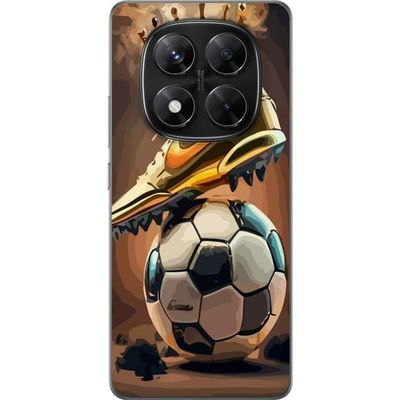 Kompatibelt Mobildeksel til Xiaomi Redmi Note 14 Pro Fotball og krone i gyllen fargeskala som skaper et dekorativt sportsinspirert uttrykk