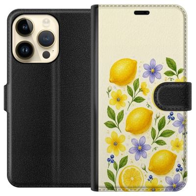 Kompatibelt Lommeboketui til Apple iPhone 15 Pro Dekorativt sitronmønster med gule sitrusfrukter, grønne blader og fargerike akvarellblomster