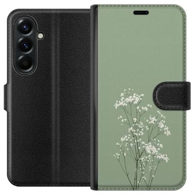 Kompatibelt Lommeboketui til Samsung Galaxy A27 Botanisk motiv med små hvite blomster og tynne stilker på grønn bakgrunn