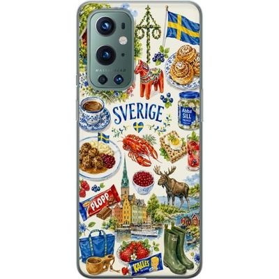 Kompatibelt Mobildeksel til OnePlus 9 Pro Illustrert Sverige-motiv med midtsommer, dalahest og svenske delikatesser