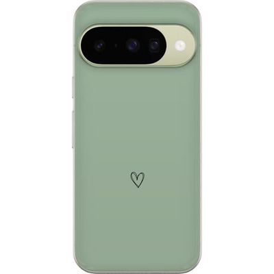 Kompatibelt Mobildeksel til Google Pixel 10 Enkelt, svart, linjetegnet hjerte på ensfarget, myk grønn bakgrunn med minimalistisk uttrykk