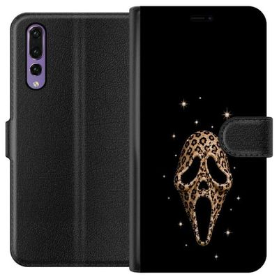 Kompatibelt Lommeboketui til Huawei P20 Pro Dekorativ gullfarget skrekkmaske med leopardmønster og glitrende detaljer på svart bakgrunn