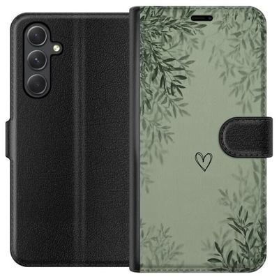 Kompatibelt Lommeboketui til Samsung Galaxy A35 Grønn minimalistisk bakgrunn med enkelt hjerte, botaniske blader og myke naturlige skygger