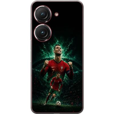 Kompatibelt Mobildeksel til Asus Zenfone 9 Cristiano Ronaldo i et portugisisk fotballmotiv med rød kampdrakt, fotball og dramatisk grønn bakgrunn