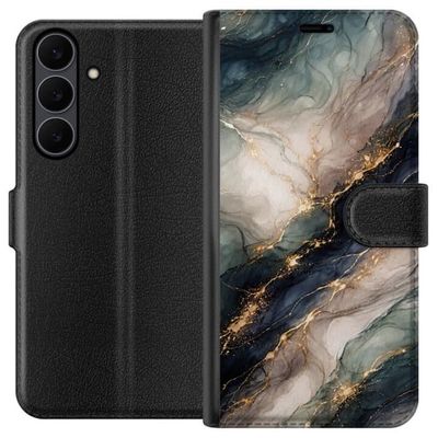 Kompatibelt Lommeboketui til Samsung Galaxy S25 FE Luksuriøst marmormønster med dypblå, gråhvite og grønne felt bundet sammen av gullfargede detaljer