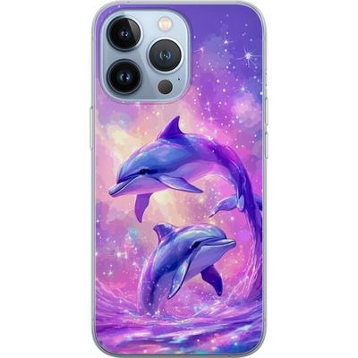 Kompatibelt Mobildeksel til Apple iPhone 13 Pro Fargerikt motiv med to delfiner i et rosa og lilla glitrende fantasi-hav