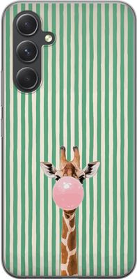 Kompatibel Mobilcover til Samsung Galaxy S24 Giraf med lyserød tyggegummiboble foran lodrette grønne og beige striber