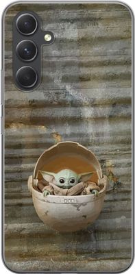 Kompatibelt Mobildeksel til Samsung Galaxy S24 Grønn fantasifigur med store ører og svarte øyne i en rund beige kapsel mot grå strukturert bakgrunn