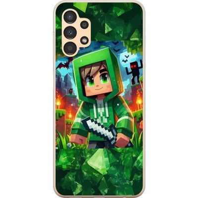 Kompatibelt Mobildeksel til Samsung Galaxy A13 Minecraft gamer gutt grønn hettegenser - tegnet Minecraft gutt med sverd, piksler og eventyrtema