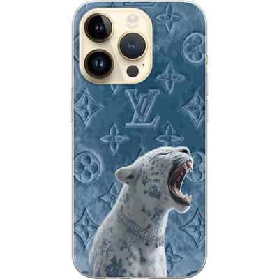 Kompatibelt Mobildeksel til Apple iPhone 14 Pro Luksuriøst dyremotiv med hvit leopard og lys blått dekorativt design