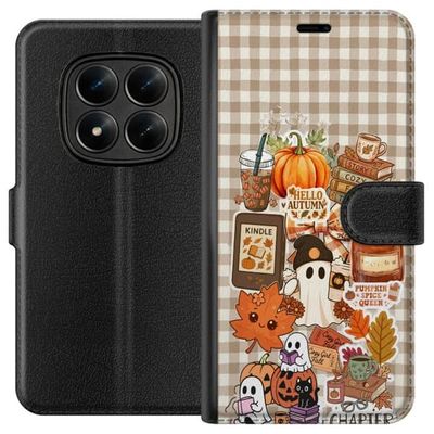 Kompatibelt Lommeboketui til Xiaomi Redmi Note 15 Pro+ Illustrert høstmotiv med gresskar, høstløv, spøkelser, bøker og varme drikker