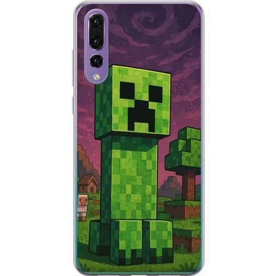 Kompatibelt Mobildeksel til Huawei P20 Pro Spillinspirert grønn pikselert figur i kubisk miljø med klassisk digital estetikk