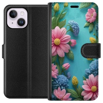 Kompatibelt Lommeboketui til Apple iPhone 15 Plus Botanisk motiv med fargerike blomster og grønne blader mot turkis bakgrunn