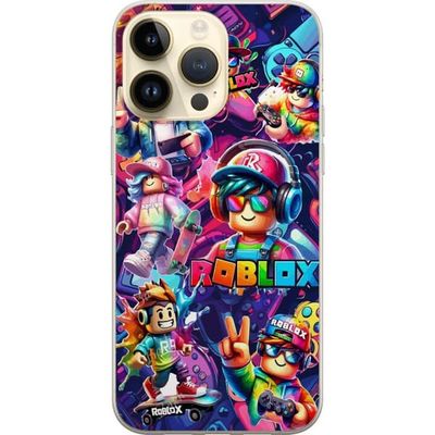 Kompatibelt Mobildeksel til Apple iPhone 15 Pro Max Fargerikt spillmotiv med tegneserieaktige gamingfigurer, kontrollere og skateboard i neonstil