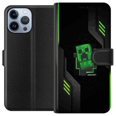 Kompatibelt Lommeboketui til Apple iPhone 13 Pro Max Grønn pikselbasert kryperlignende spillillustrasjon i futuristisk neonstil for spillrom