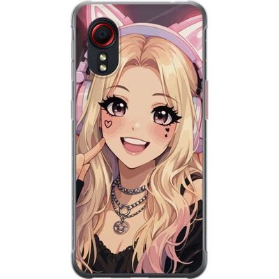 Kompatibel Mobilcover til Samsung Galaxy Xcover 5 Animepige med katteører hovedtelefoner og pastelrosa hår