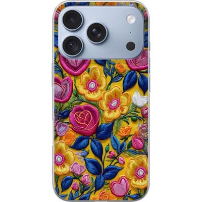 Kompatibelt Mobildeksel til Apple iPhone 17 Pro Dekorativt blomstermotiv med brodert struktur, rosa og gule blomster samt blå blader mot en klar gul