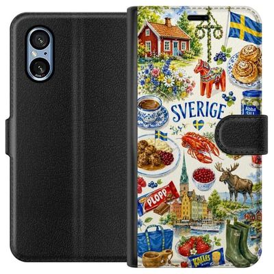 Kompatibel Tegnebogsetui til Sony Xperia 10 VI Illustreret svensk motiv med midsommer, Dala hest og svenske delikatesser
