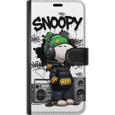 Kompatibelt Lommeboketui til Xiaomi Redmi A3 Snoopy i gateklær med hodetelefoner og graffiti-stil står ved siden av en boombox og smiler bredt, et ur