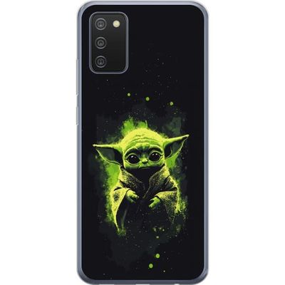Kompatibelt Mobildeksel til Samsung Galaxy A02s Mørkt fantasymotiv med et lite grønt romvesen, store øyne og lysende grønne detaljer mot svart bakgru
