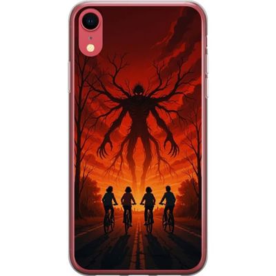 Kompatibelt Mobildeksel til Apple iPhone XR Mørk Stranger Things-inspirert skrekkillustrasjon med rød himmel, truende monster og syklende barn i dram