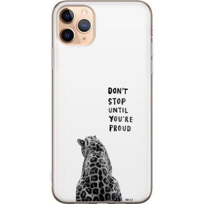 Kompatibelt Mobildeksel til Apple iPhone 11 Pro Max Svart og hvit leopard sett fra baksiden med et engelsk motivasjonssitat på en ren hvit bakgrunn.