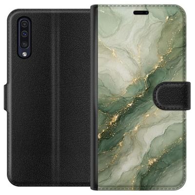 Kompatibel Tegnebogsetui til Samsung Galaxy A50 Grøn marmor-inspireret design med flydende stenstruktur, lyse sektioner og elegante guld-farvede årer