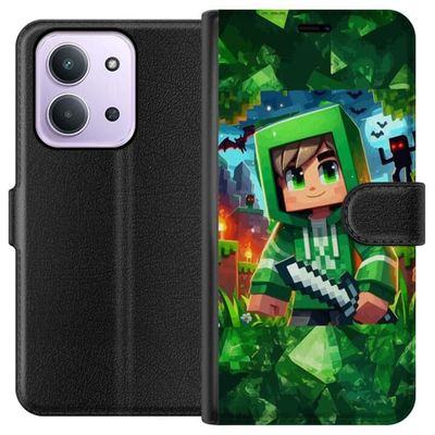 Kompatibelt Lommeboketui til Xiaomi Redmi 15C Minecraft gamer gutt grønn hettegenser - tegnet Minecraft gutt med sverd, piksler og eventyrtema