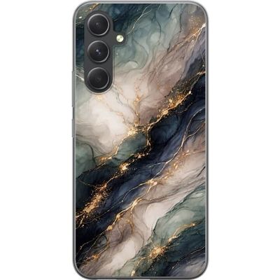 Kompatibelt Mobildeksel til Samsung Galaxy S24+ Luksuriøst marmormønster med dypblå, gråhvite og grønne felter bundet sammen av gulldetaljer