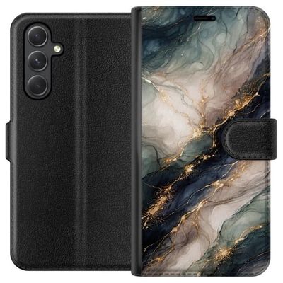 Kompatibelt Lommeboketui til Samsung Galaxy A25 Luksuriøst marmormønster med dypblå, gråhvite og grønne felt bundet sammen av gullfargede detaljer
