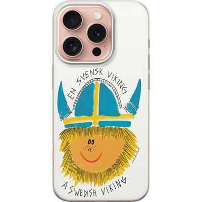 Kompatibelt Mobildeksel til Apple iPhone 16 Pro Hvitt motiv med tegnet svensk viking, blågul hjelm og teksten En Svensk Viking
