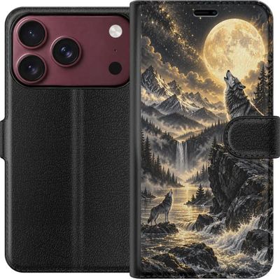 Kompatibelt Lommeboketui til Apple iPhone 18 Pro Gullulver – Svarte nyanser med ulver og fjell. Et illustrert bildemotiv med maleriske detaljer og et