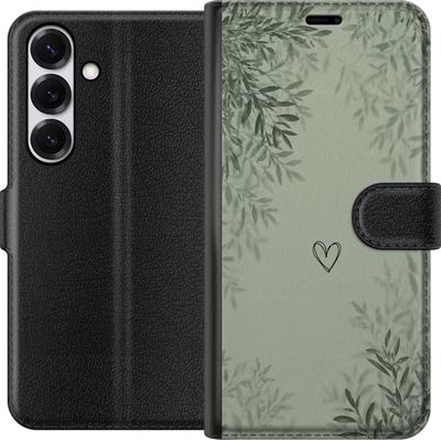 Kompatibel Tegnebogsetui til Samsung Galaxy S25 Grøn minimalistisk baggrund med enkelt hjerte, botaniske blade og bløde naturlige skygger