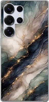 Kompatibelt Mobildeksel til Samsung Galaxy S25 Ultra Luksuriøst marmormønster med dypblå, gråhvite og grønne felt bundet sammen av gullfargede detalj