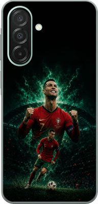 Kompatibel Mobilcover til Samsung Galaxy A26 Cristiano Ronaldo i portugisisk fodboldmotiv med rød spilledragt, fodbold og dramatisk grøn baggrund