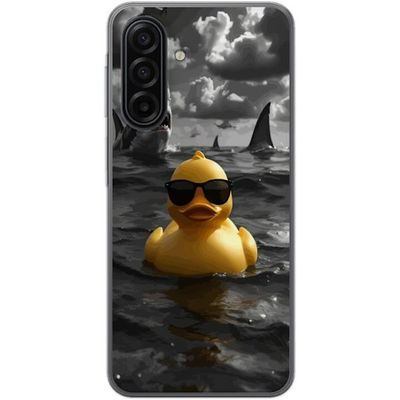 Kompatibel Mobilcover til Samsung Galaxy A17 5G Guland med solbriller flyder i havet mens hajer cirkler rundt i dramatisk vand og mørke skyer samles