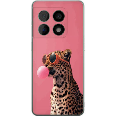 Kompatibel Mobilcover til OnePlus 10 Pro Cool leopard med solbriller der blæser tyggegummi mod en lyserød baggrund i en trendy og legesyg stil