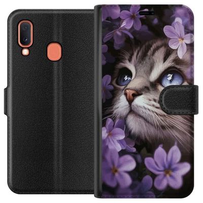 Kompatibelt Lommeboketui til Samsung Galaxy A20e Katt og blomster