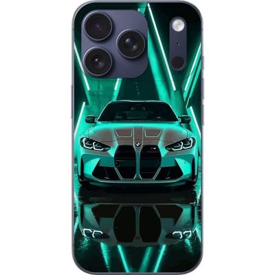 Kompatibelt Mobildeksel til Apple iPhone 17 Pro BMW M4 sportsbil forfra i neonbelyst tunnel
