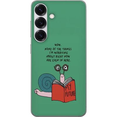 Kompatibelt Mobildeksel til Samsung Galaxy S25 Illustrert snegle med bok og humoristisk sitat om fremtiden på grønn bakgrunn